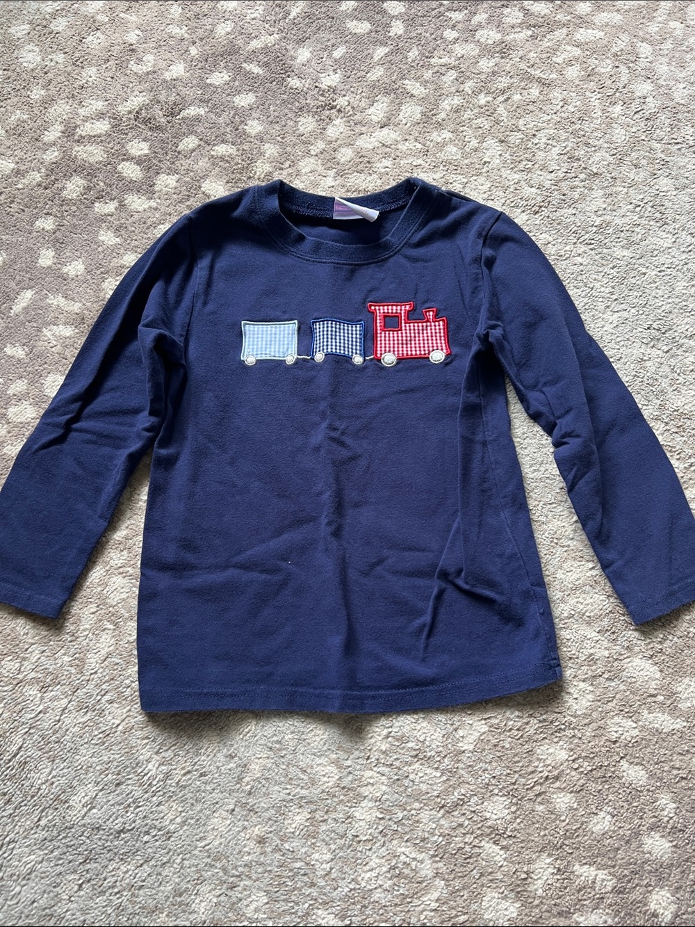 Navy Long-Sleeve Kids' Shirt with Red Train Appliqué